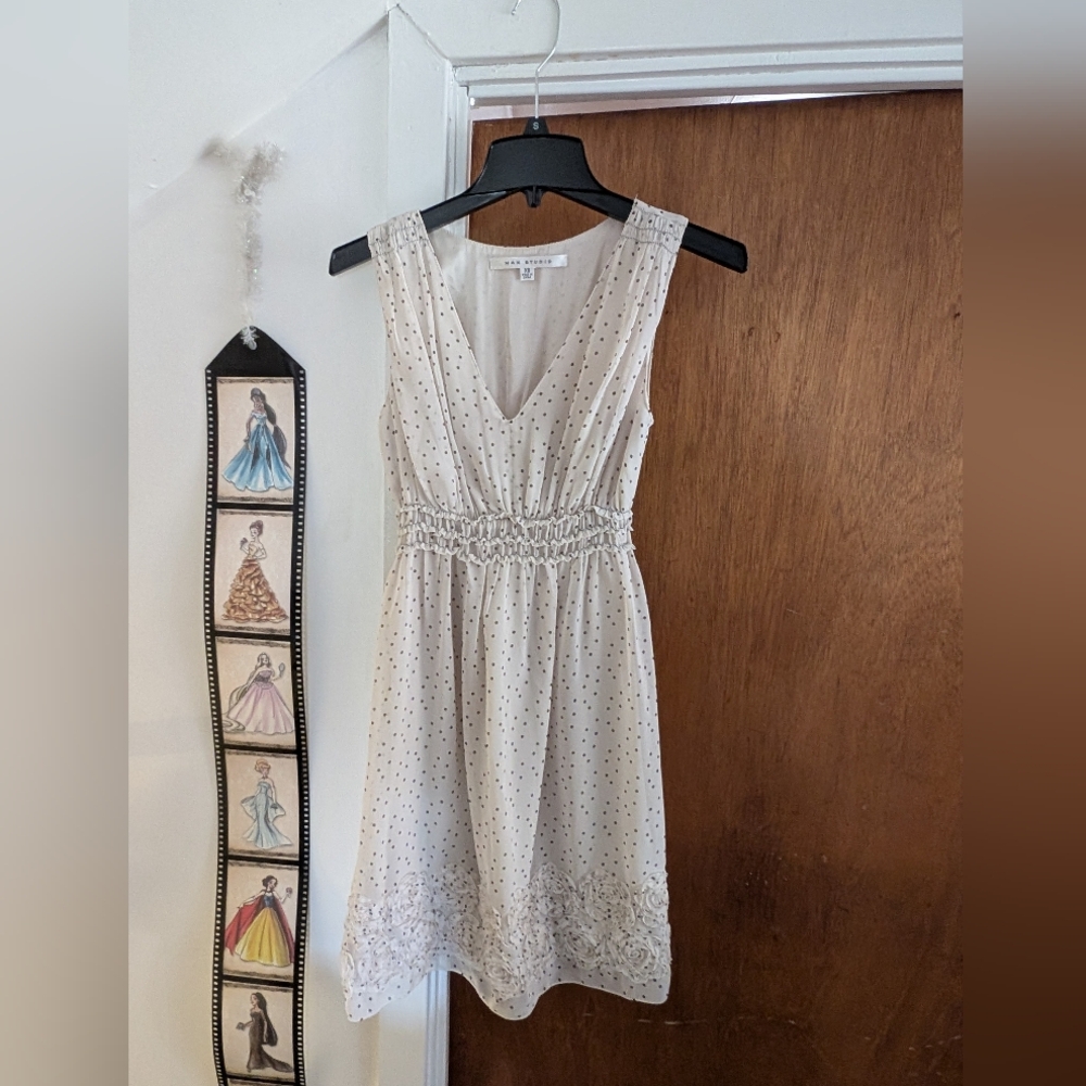 Max Studio White Polka Dot Dress Size XS Rose Accents